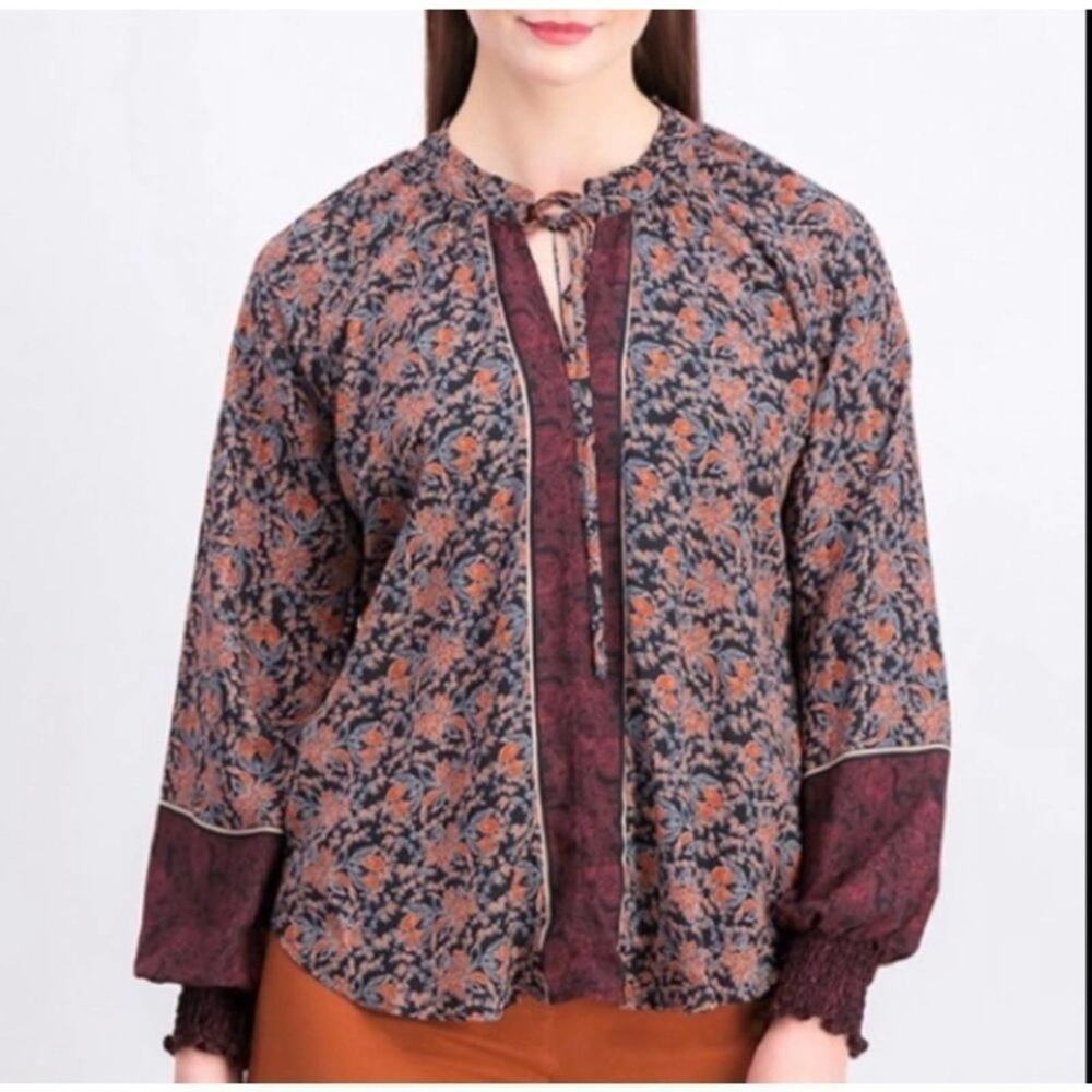 ASTR The Label Floral Long Sleeve Peasant Top Blouse Burgundy Small